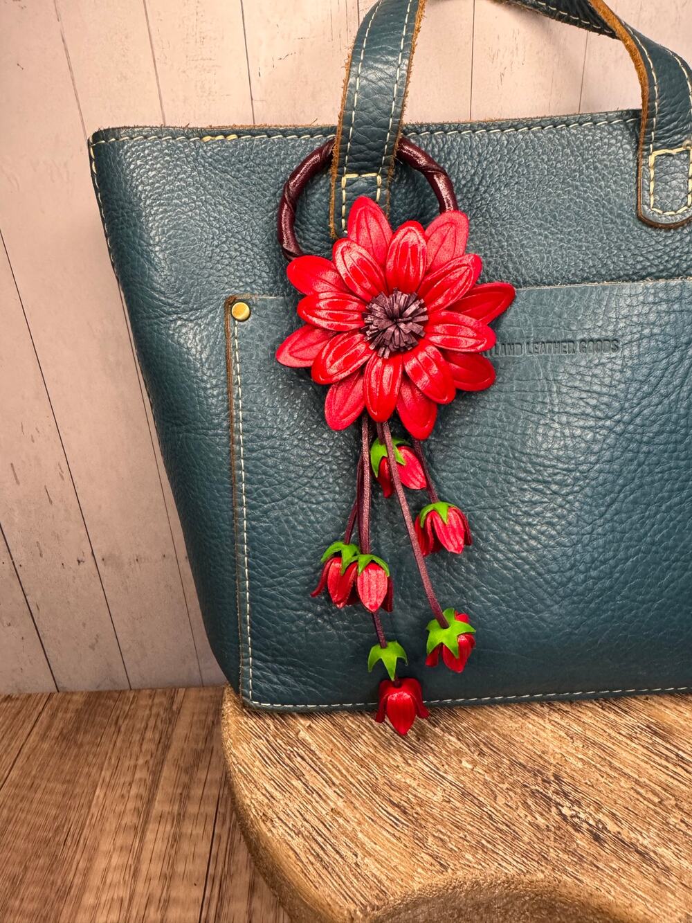 Genuine Leather Flower Purse Charm Red Daisy Flower Leather Bag Charm NEW!